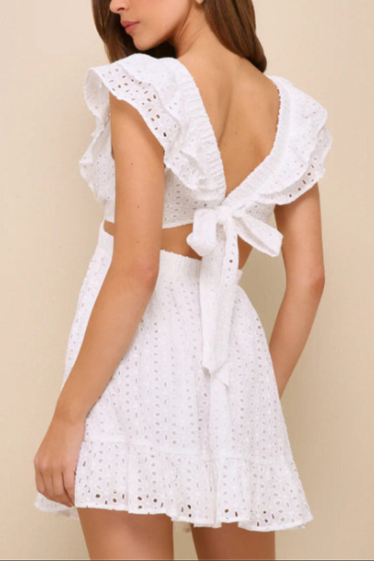 embroidery hollow flying sleeves open back lace-up dress white