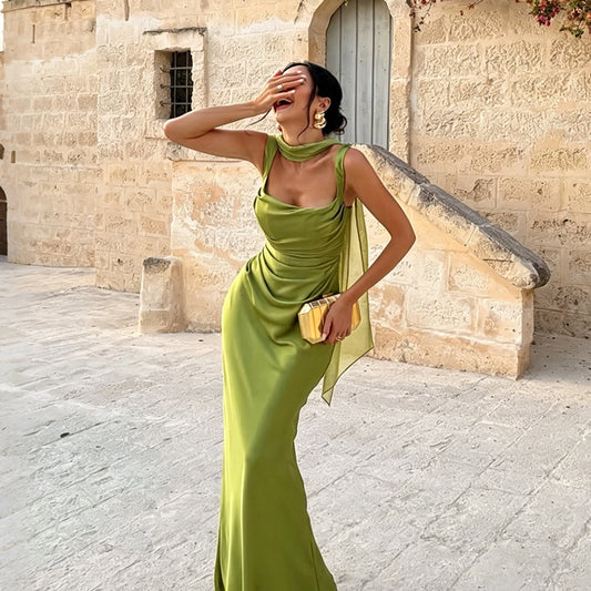 green satin herring bone slip dress