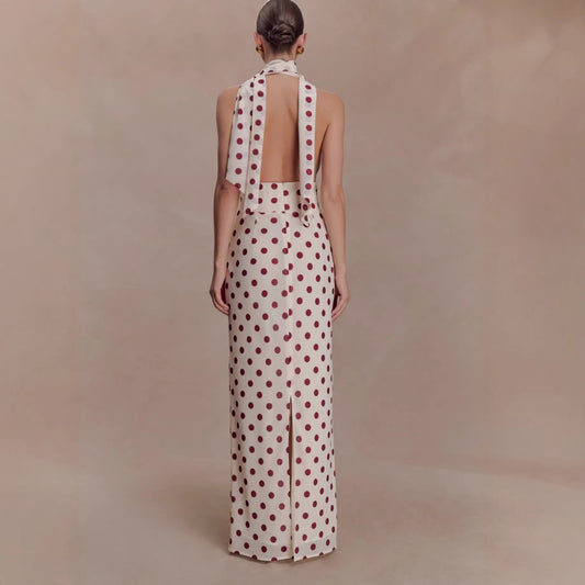 deep V print halterneck dress