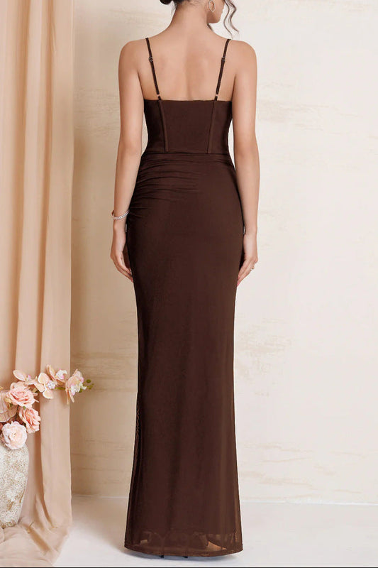 brown suspender mesh lace patchwork lace-up pleated dress