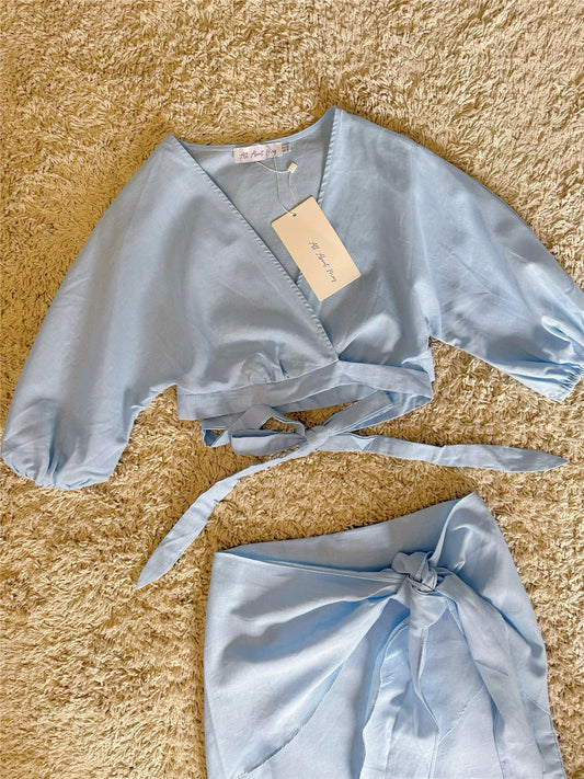 blue wrap-up bat sleeve cotton-linen set two-piece set