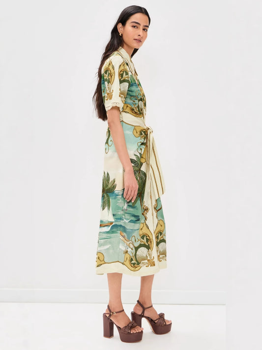 Vacation floral print short-sleeved cardigan maxi skirt with belt - green