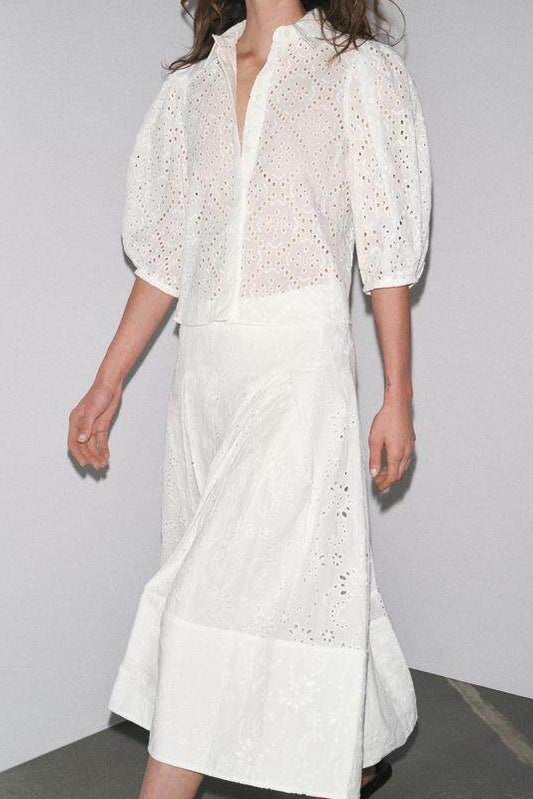 Lapel Puffy Sleeve Hollow Embroidered Shirt