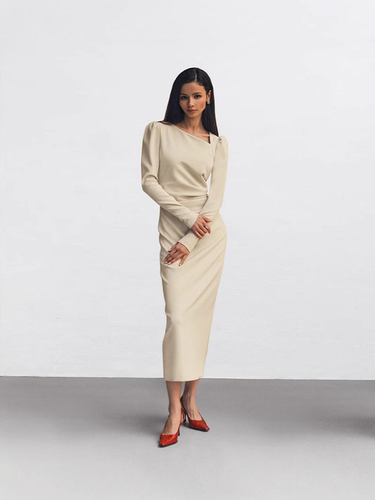 Irregular neckline puff sleeve bodycon slit dress