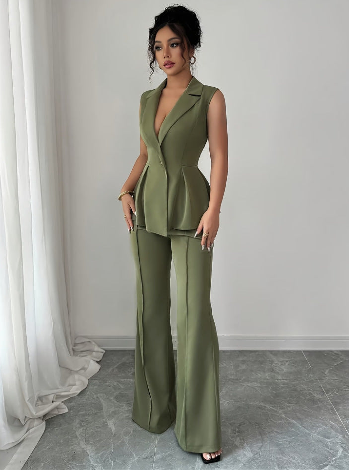 green Deep V-neck Sleeveless Pleated Top with Wide-Leg Pants Set