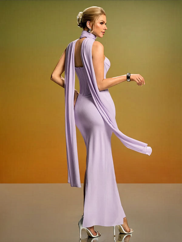 purple strapless backless fishbone dress