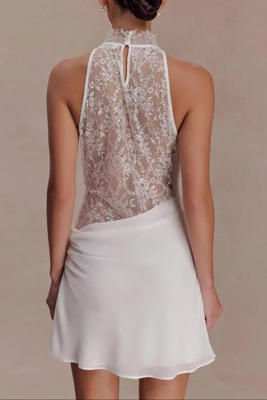 white halterneck lace spliced hip mini dress