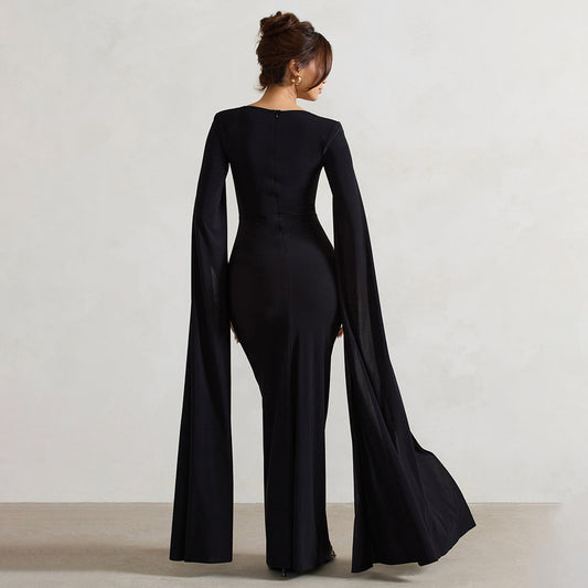 black square neck long sleeve high slit dress