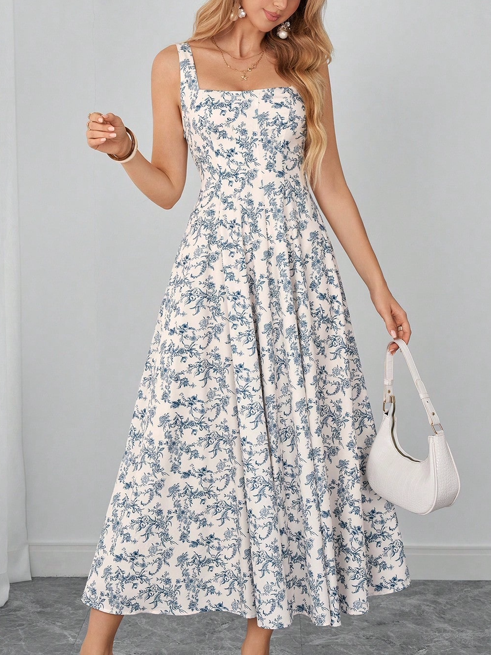 blue and white floral camisole dress