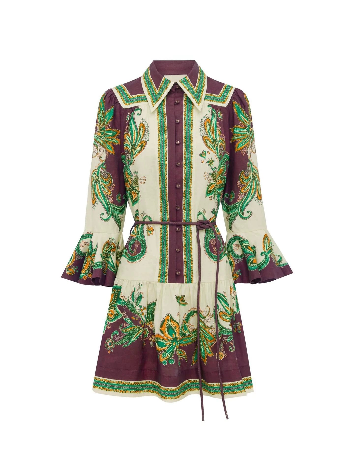 floral print Linen shirt collar mini dress