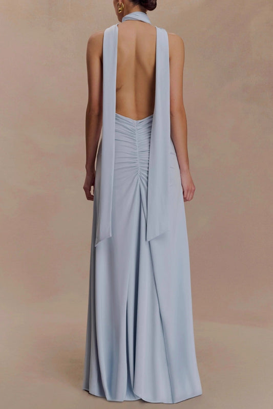 deep V-neck streamer halterneck pleated open back dress