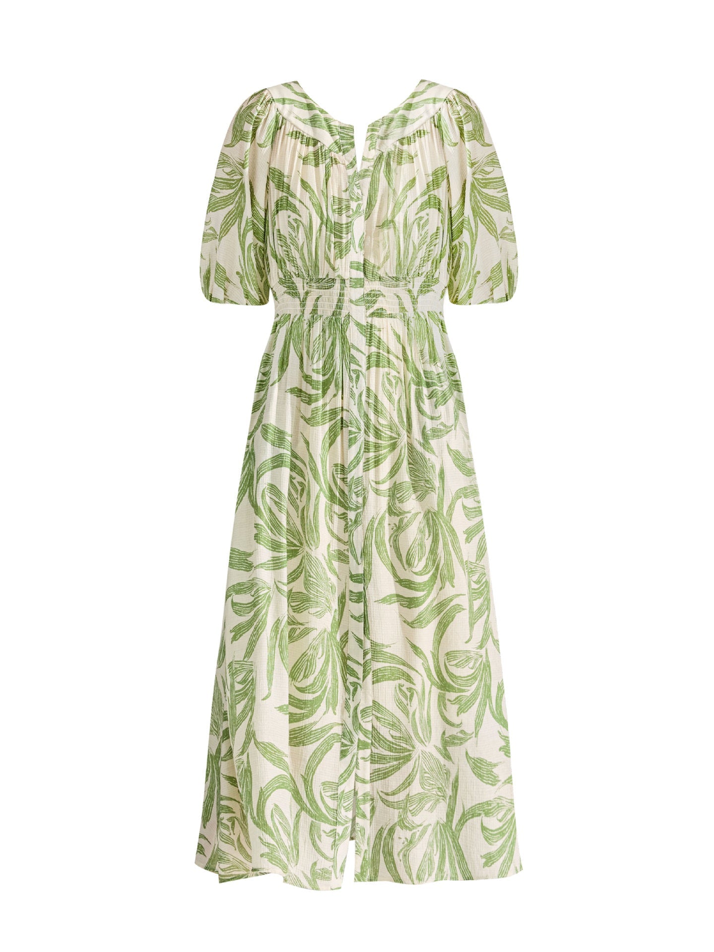 Green floral print midi dress with lantern sleeves