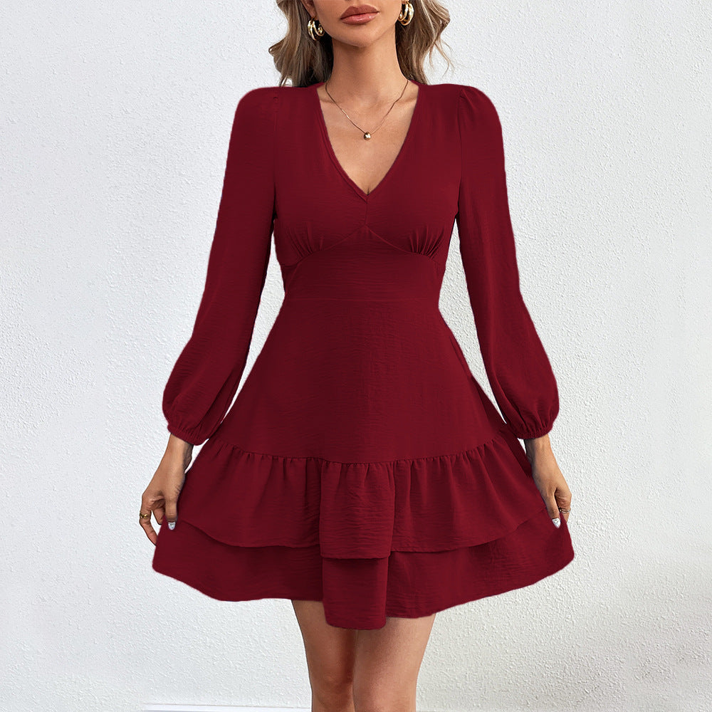 Backless tie-up ruffle long-sleeved dress in blue
