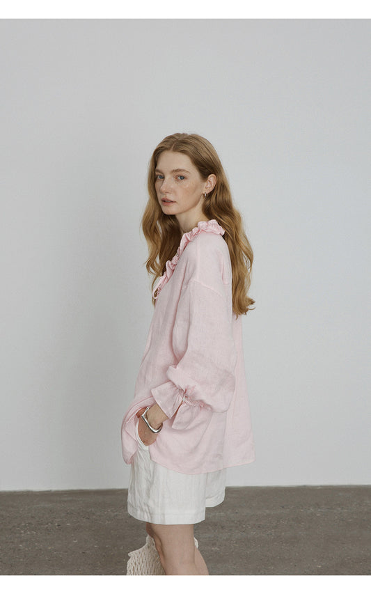 pink V-Neck Tie Shirt
