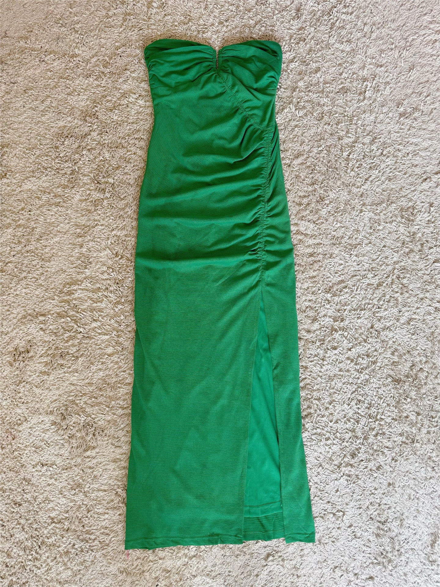light-green stretch slit strapless long dress