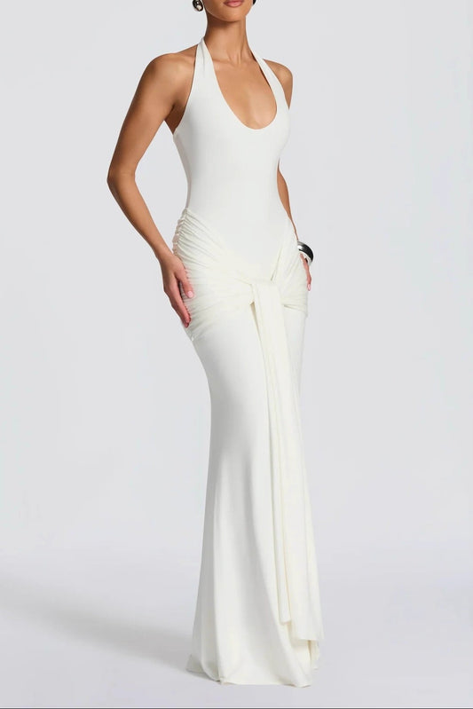 white streamer splicing suspender halterneck dress