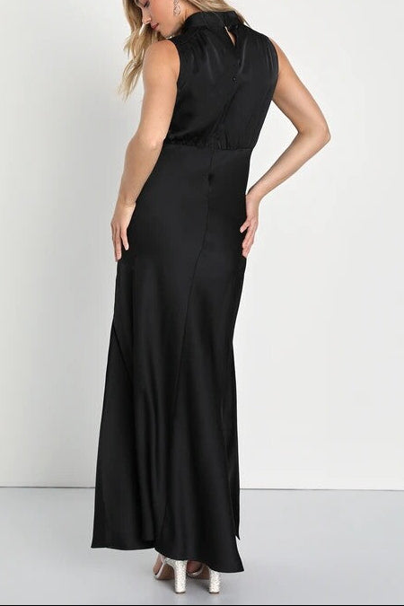 black stand collar slit banquet dress