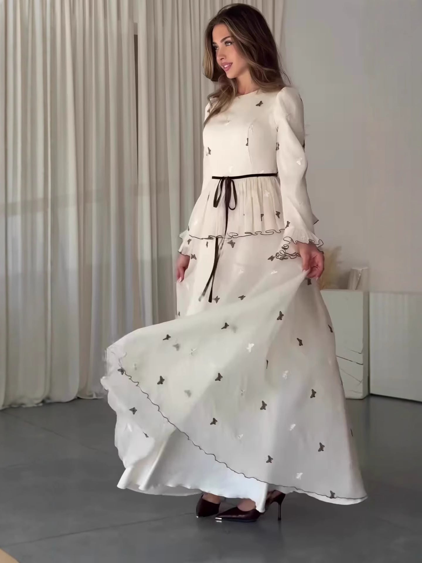 white long-sleeved tunic maxi dress
