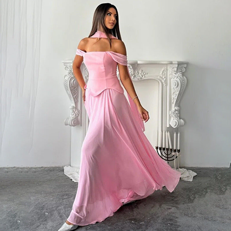 pink Streamer Off-the-Shoulder maxi Dress