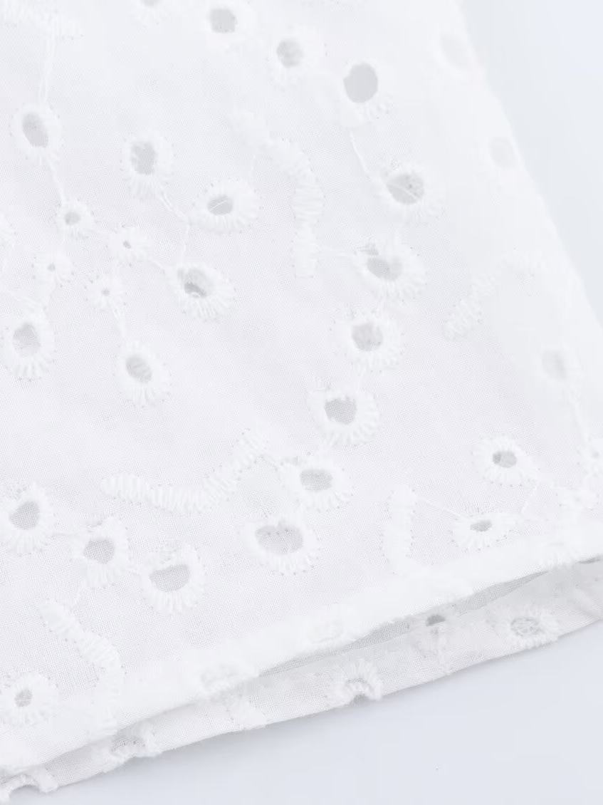 White Lap-up Collar Puffy Sleeve Hollow Embroidered Shirt