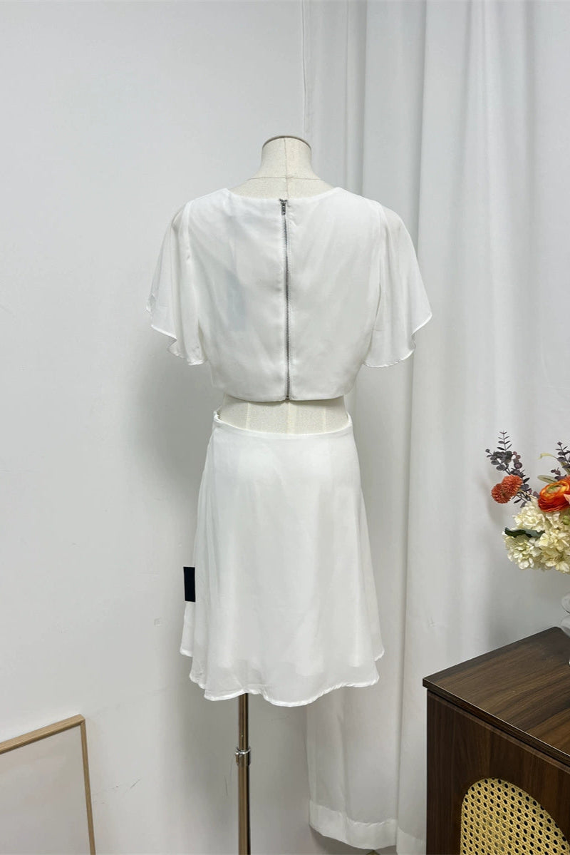 white butterfly sleeve chiffon waist open waist mini dress