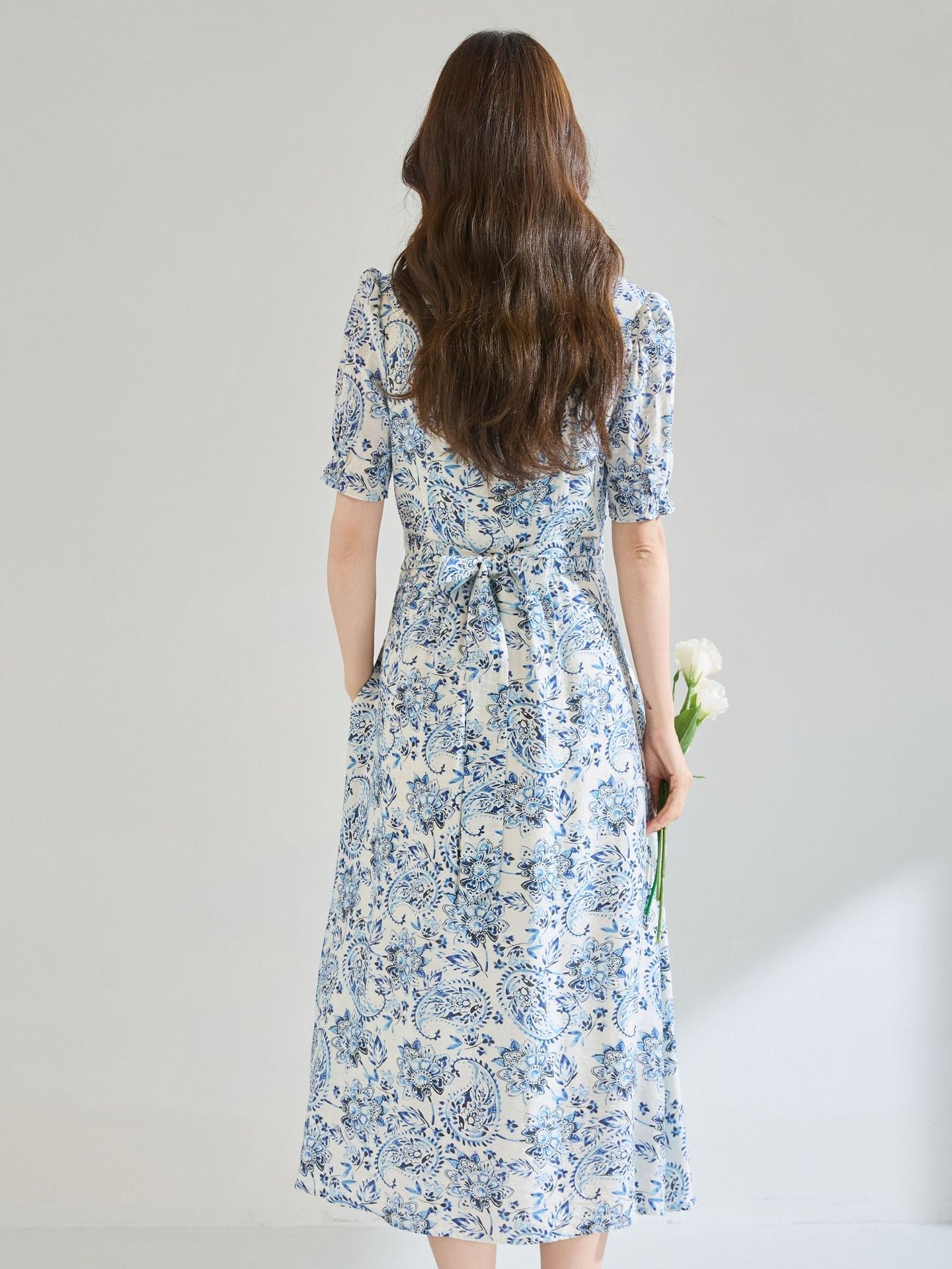 Linen blue floral print midi dress