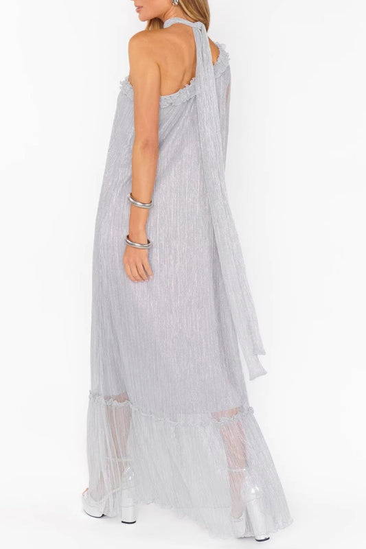 silver slanted shoulder streamer maxi dress