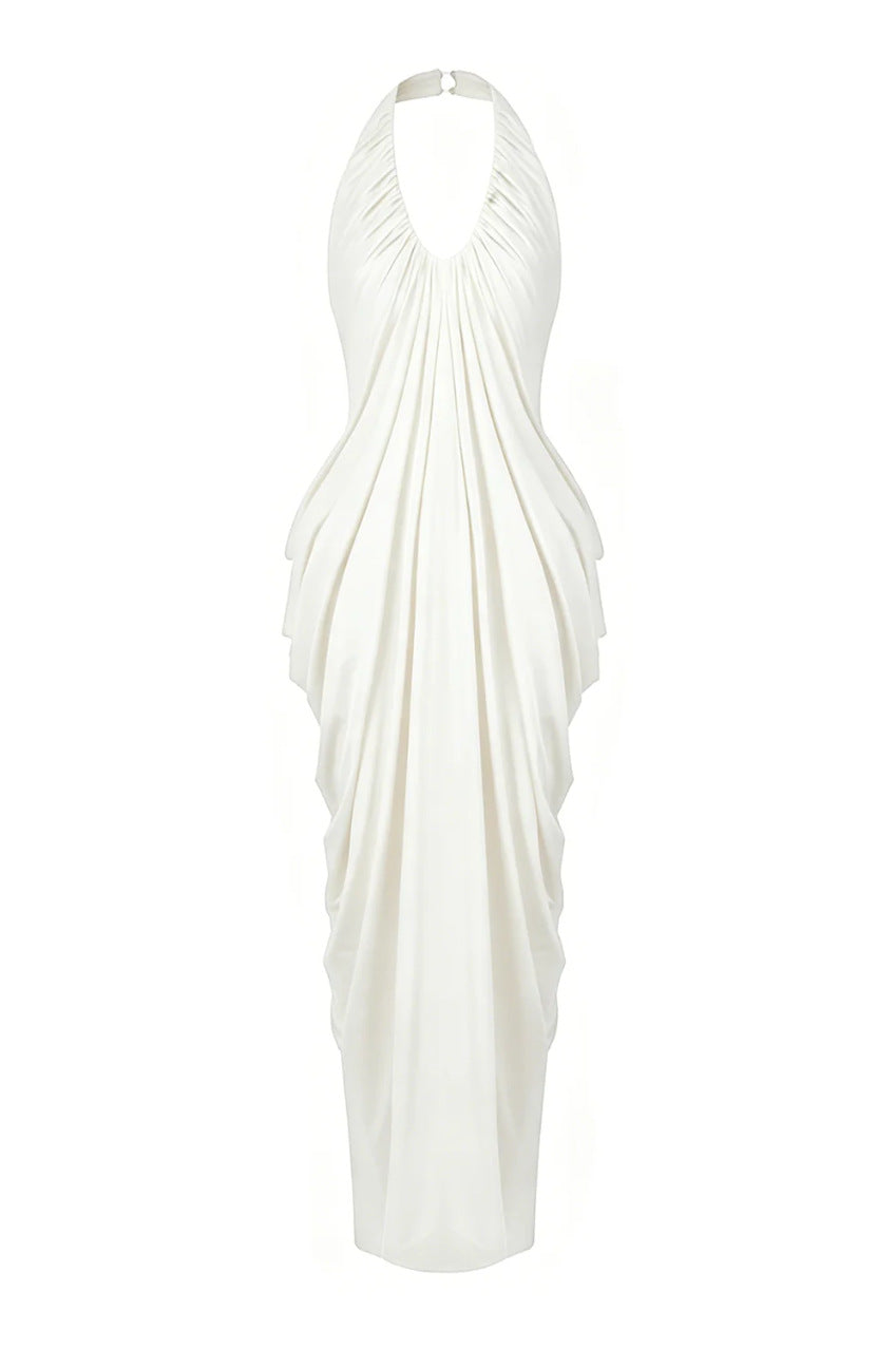 white halterneck V-neck backless pleated dress