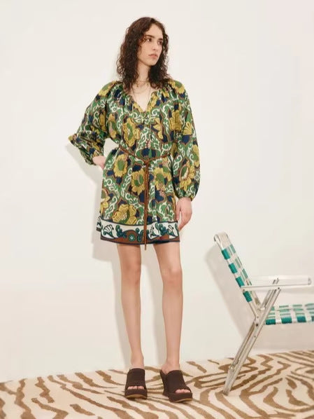 Bohemian V-neck floral print vacation mini dress - green