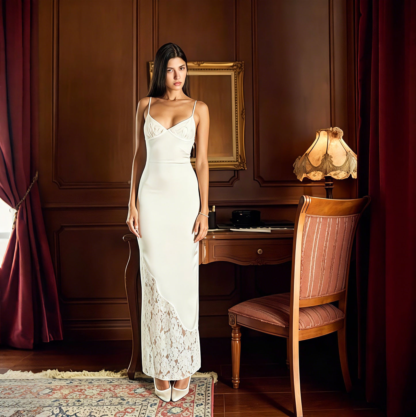 white lace satin patchwork slip dress