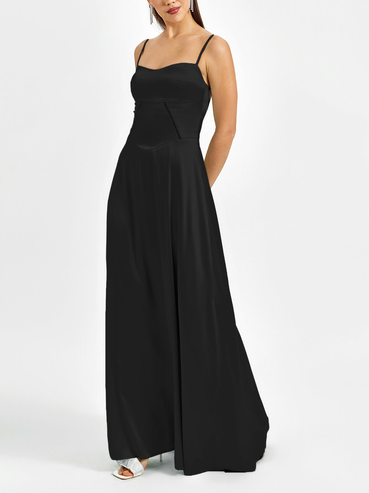 black matte satin backless slip dress