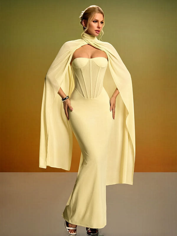 yellow strapless backless fishbone dress