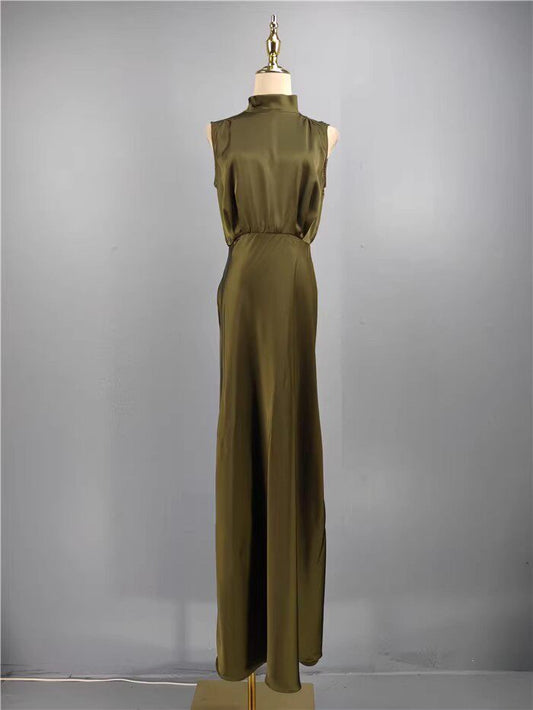 green stand collar slit banquet dress