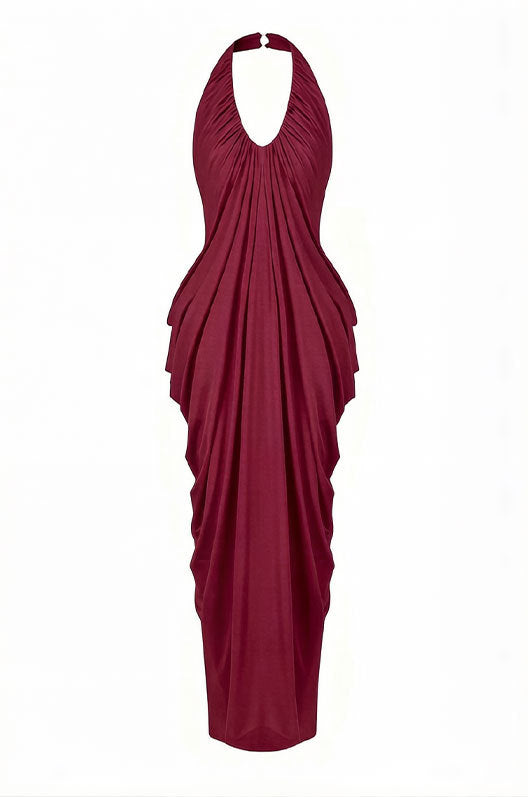 red halterneck V-neck backless pleated dress