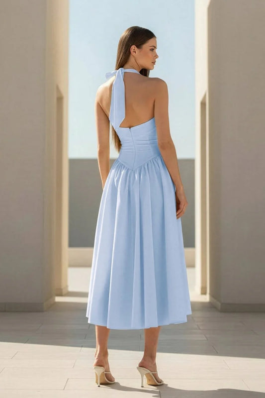 light blue Halter Strappy Backless midi Dress