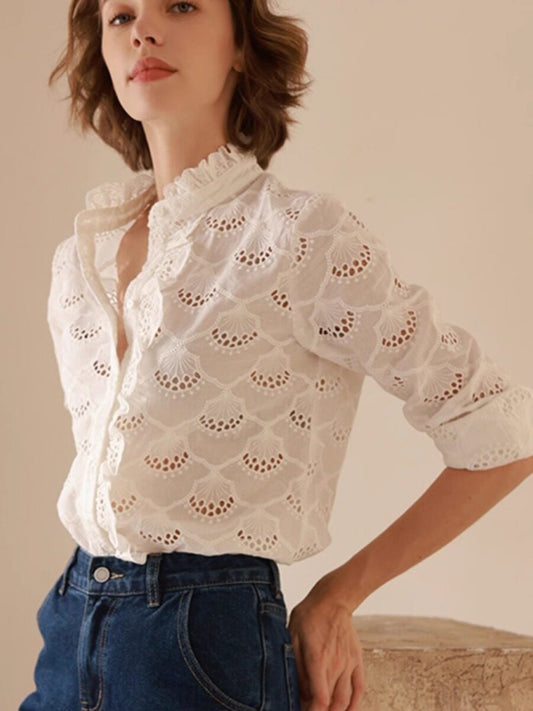 White Embroidered Hollow Ruffle Stand Collar Single-Breasted Shirt