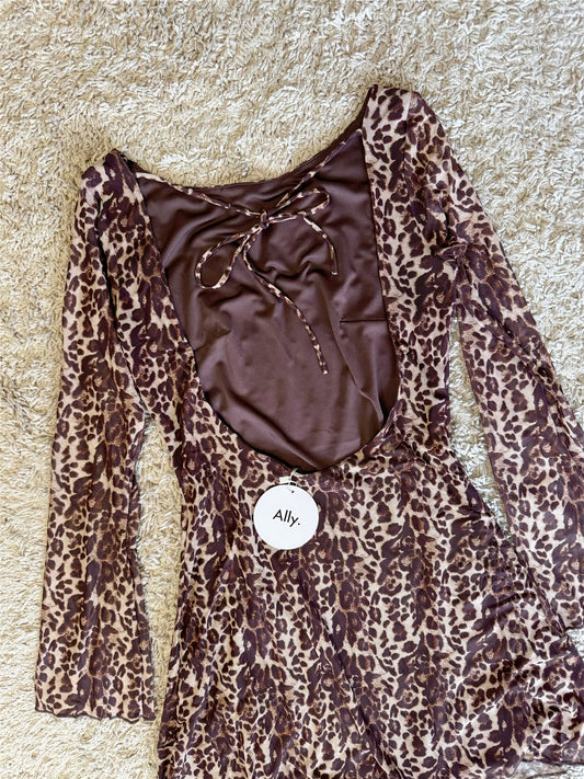 leopard print mesh flared sleeve tie backless flared sleeve short dress