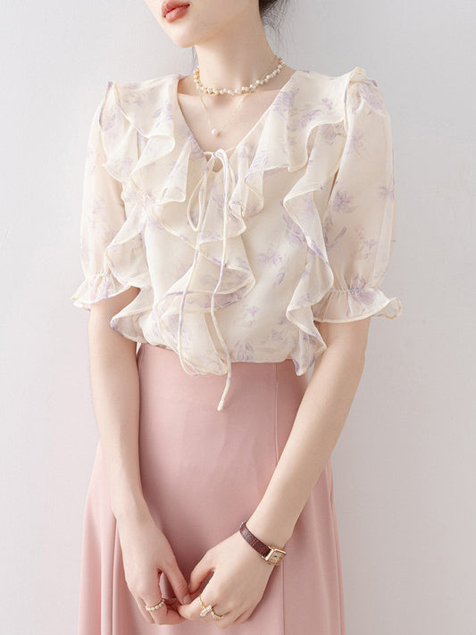 French-style ruffled V-neck short-sleeved shirt