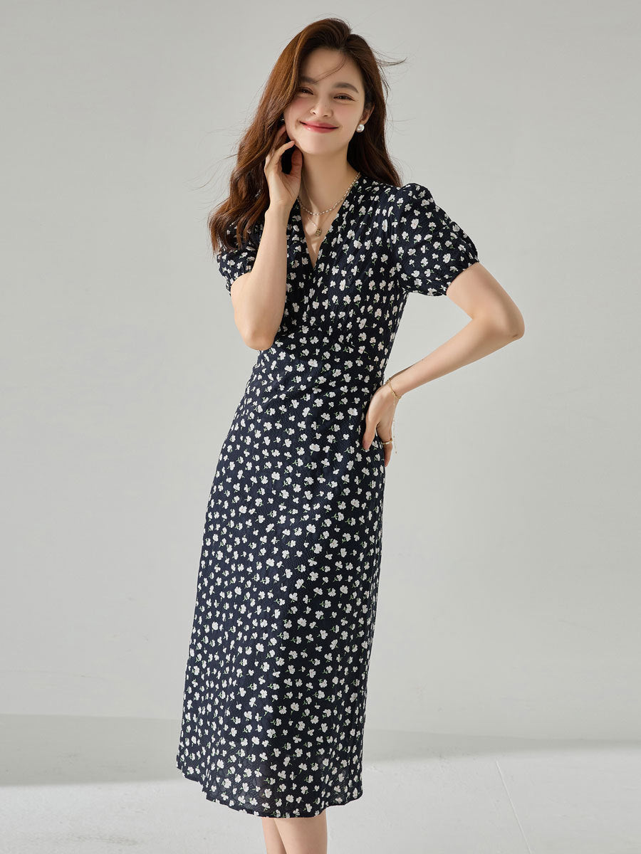 High-waisted V-neck pleated texture floral print midi dress - green