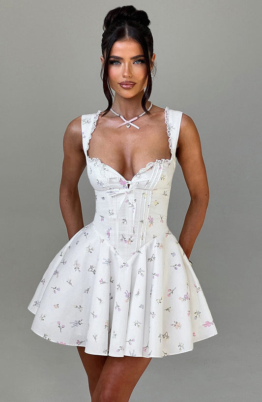 Antonella Floral Mini Dress - Romantic Lace-Up Back Party Dress