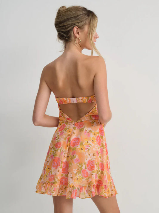 Floral print strapless chiffon ruffled mini dress