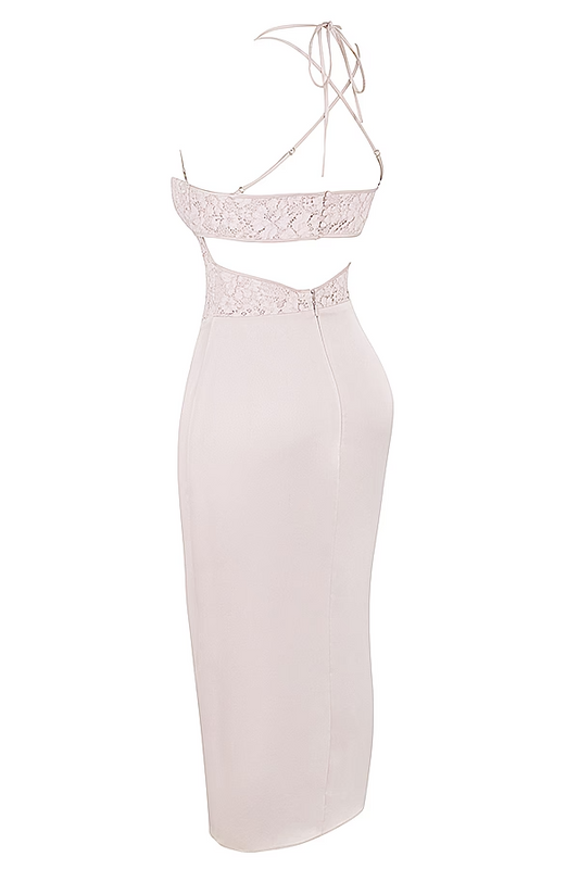 apricot crystal satin lace cutout midi dress