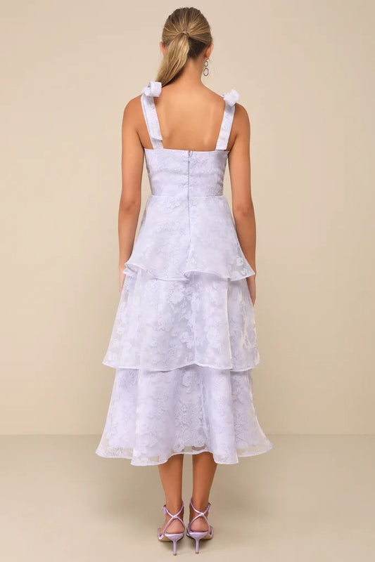 Lavender Floral Jacquard Burnout Tie-Strap Bustier Midi Dress