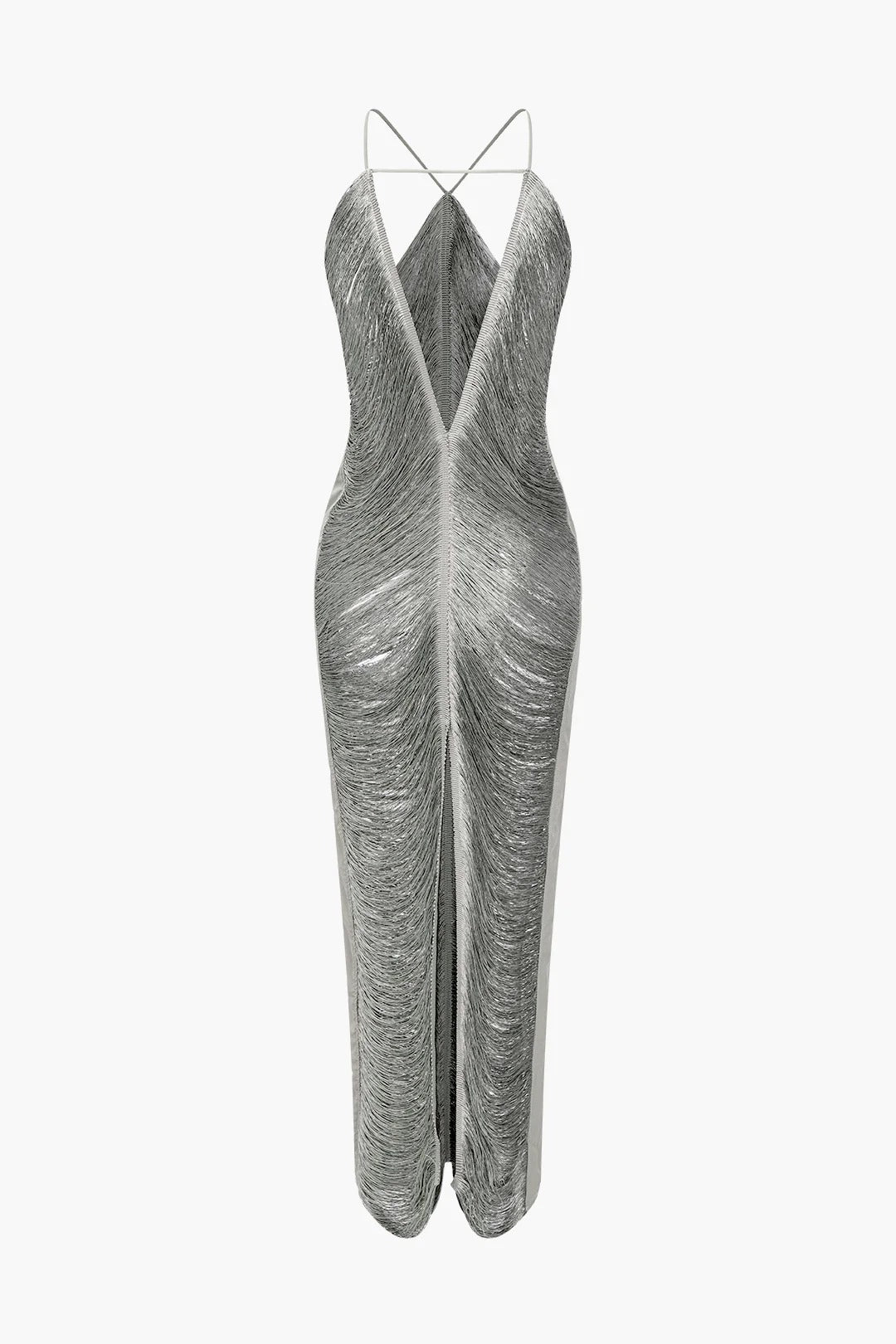tassel rear slit halterneck dress