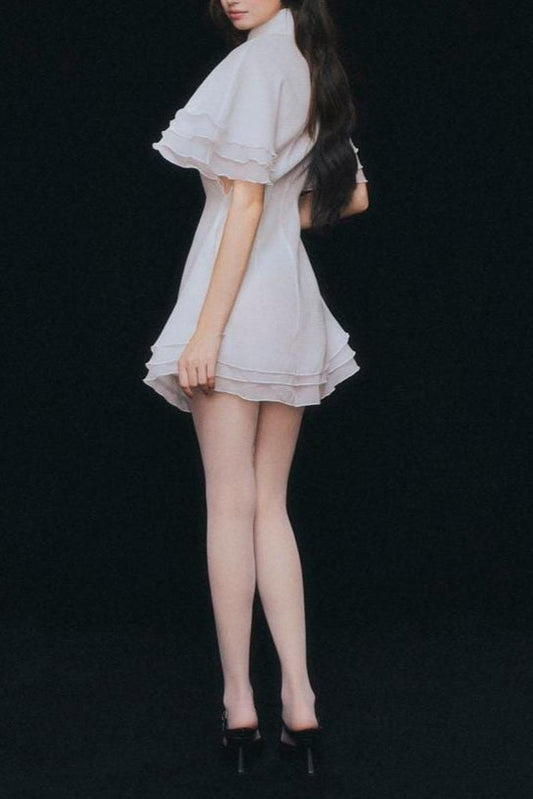 White Chiffon Mini Dress - Layered Ruffle Trim Shirt Dress