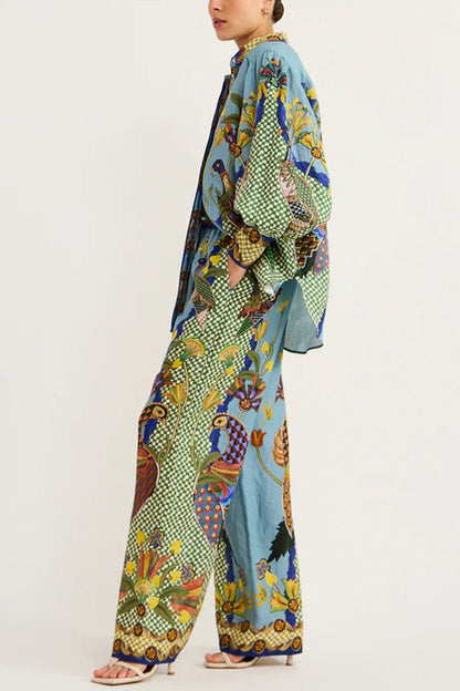 Smyrna Unique Heaven Bird Print Elastic Waist Pocketed Wide Leg Pants