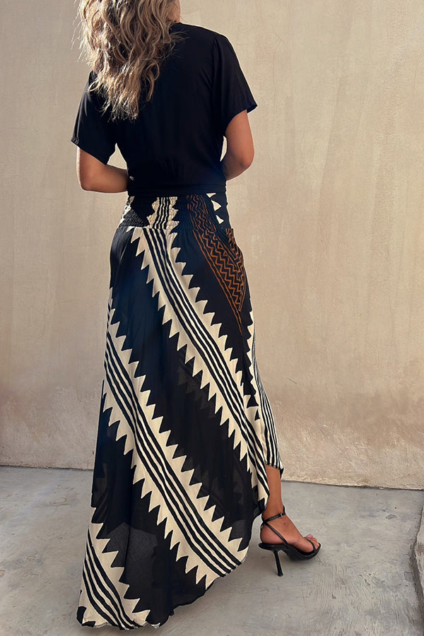 kelly Satin Geometric Print Elastic Waist Maxi Skirt