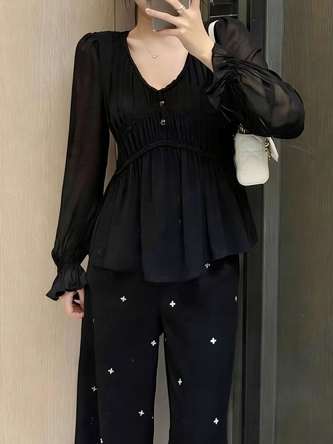 janice Daily V-Neck Puff Sleeve Chiffon Top
