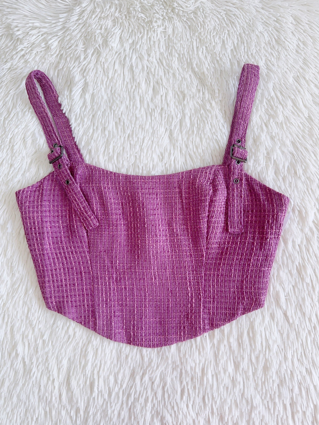 Bold Cutie Purple Tweed Buckle Strap Crop Tank Top