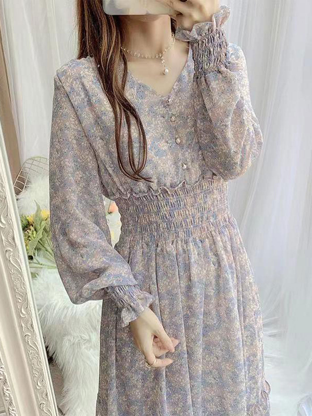 janet Classic Floral Ruffle Chiffon Dress-Yellow
